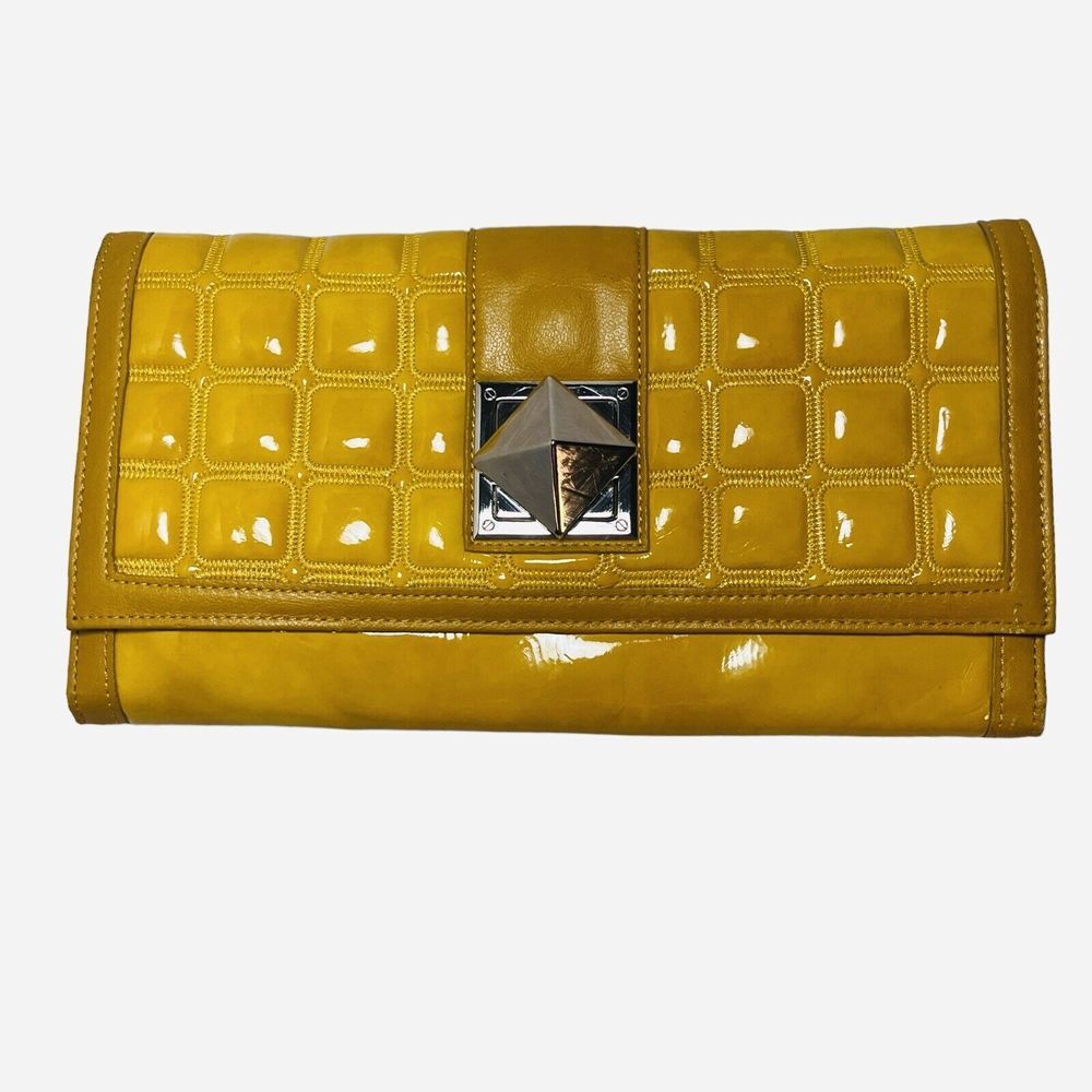 Vintage Nicole Lee Yellow Patent Faux Leather Clutch Silver Turn Buckle Quilted